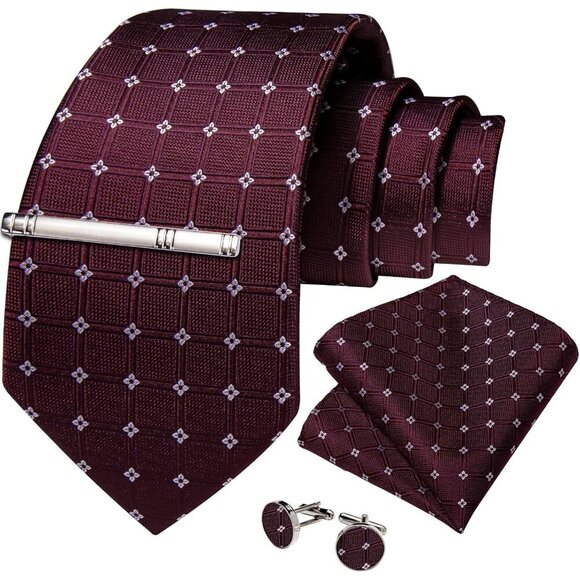 🆕Men Purple Plaid Silk Checkered Necktie Pocket Square Cufflinks Tie Clip Set - Picture 4 of 8